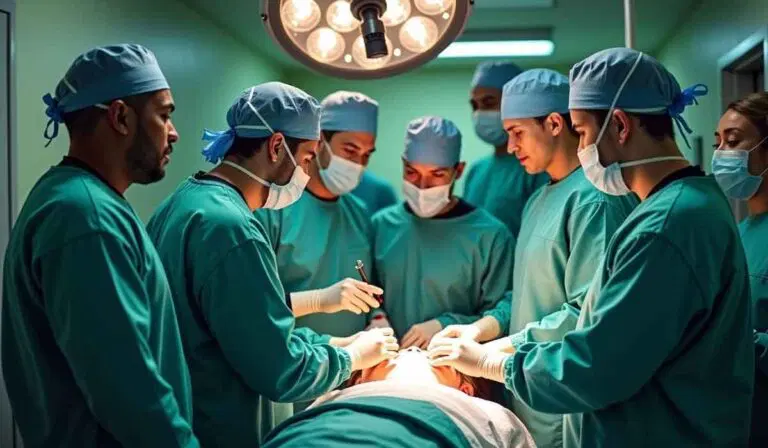 A team of surgeons in scrubs and masks performs an operation under bright surgical lights in an operating room.