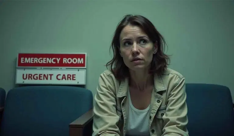 A woman sits alone in a waiting room with "Emergency Room" and "Urgent Care" signs visible on the wall behind her.