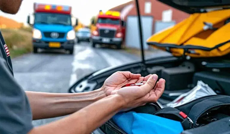 Close-up of a person holding medical supplies next to an open car trunk, with two ambulances and buildings visible in the background.
