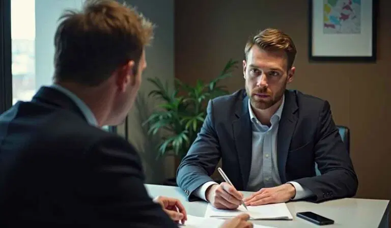 Two men in business suits sit across from each other at a desk, engaged in conversation. One man is taking notes on paper, and a smartphone is on the table.