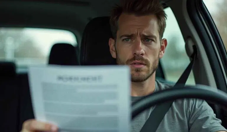 A man sits in the driver's seat of a car, holding and reading a document with a serious expression.