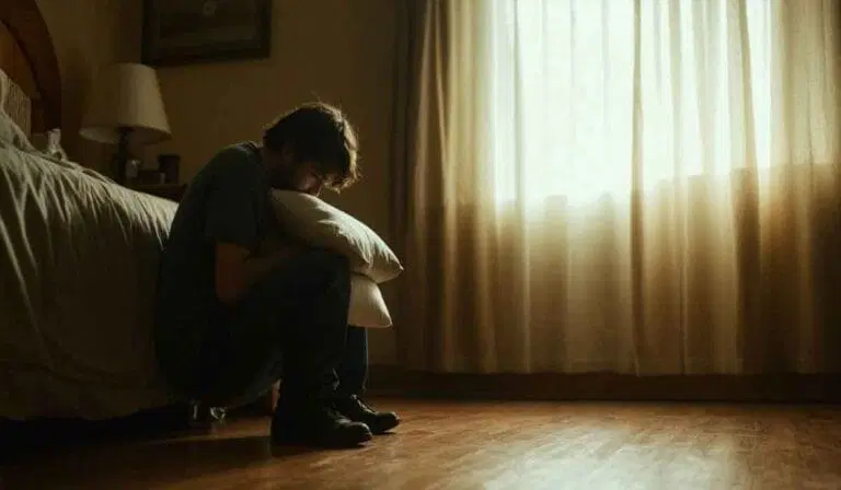 A person sits on the floor next to a bed, hugging a pillow, with light streaming through a window and drawn curtains in a dimly lit room.