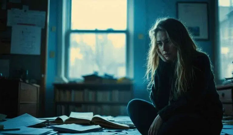 A woman with long hair sits on the floor in a dimly lit room, surrounded by scattered papers and books, with a window behind her.