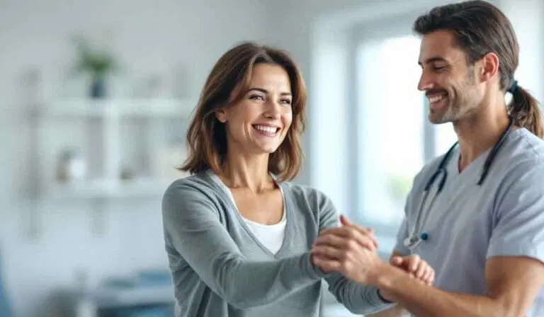 A smiling woman holds hands with a healthcare professional in scrubs and a stethoscope in a clinical setting.