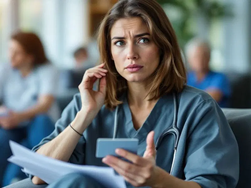 A woman in medical scrubs holds papers and a phone, looking concerned. She is seated indoors with other people blurred in the background.