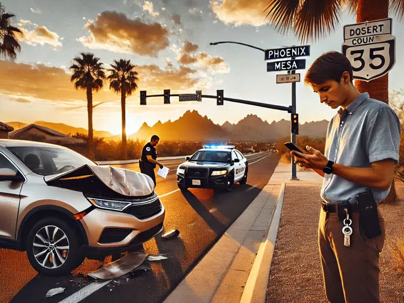 A car with front-end damage is stopped at an intersection as a police officer and police car respond; a man stands nearby using his phone.