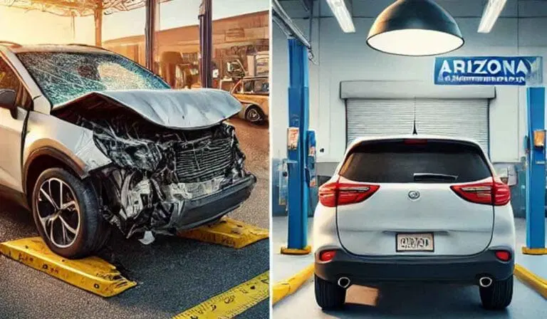 Split image showing a severely damaged car at an accident scene on the left and the same car repaired and parked in an auto repair shop on the right.