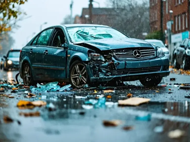 A damaged black Mercedes-Benz with a smashed front end and broken glass on a wet city street after a collision.