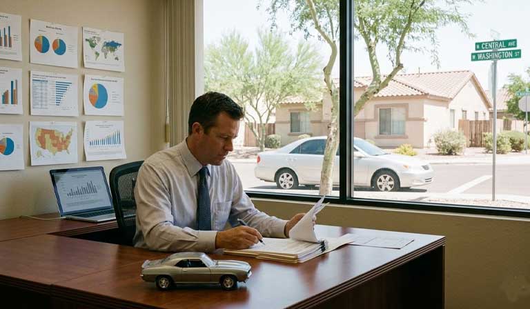 A man in business attire reviews documents at a desk in an office with charts on the wall and a window showing a suburban street outside.
