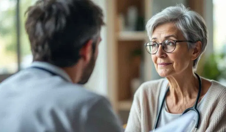 An older woman with gray hair and glasses, wearing a stethoscope, sits across from a man in a white coat, suggesting a conversation between medical professionals.