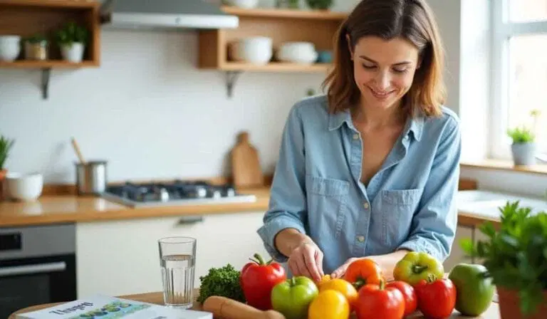 A woman stands in a kitchen, smiling while chopping assorted vegetables on a counter, with a glass of water and various kitchen items nearby.