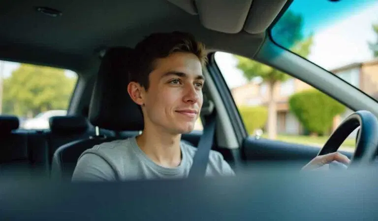 A young person in a gray shirt sits in the driver’s seat of a car, wearing a seatbelt and holding the steering wheel, with trees and buildings visible outside.