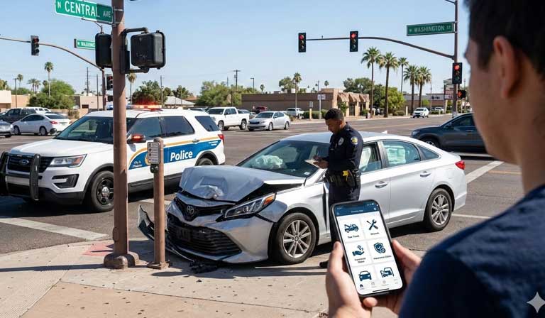 A police officer documents a car accident at an intersection while a person in the foreground holds a phone displaying insurance or assistance icons.