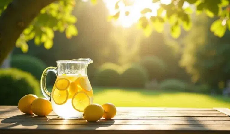 A glass pitcher of lemon water with lemon slices is on a wooden table outdoors, with whole lemons and sunlight shining through trees in the background.