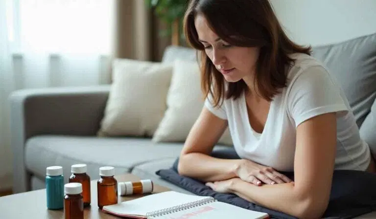 A woman sits on a couch, looking at a notebook on a table with several medicine bottles placed in front of her.
