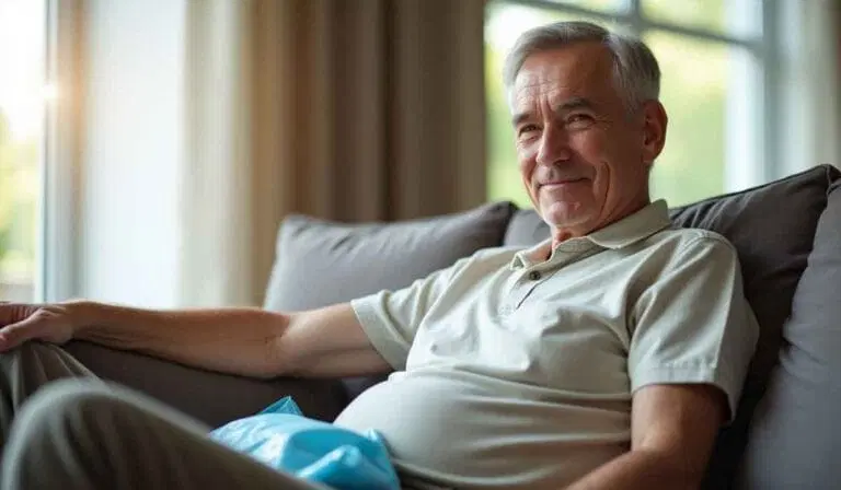 Older man with gray hair sitting on a couch, wearing a light-colored polo shirt, smiling and looking at the camera. Natural light comes through a window in the background.