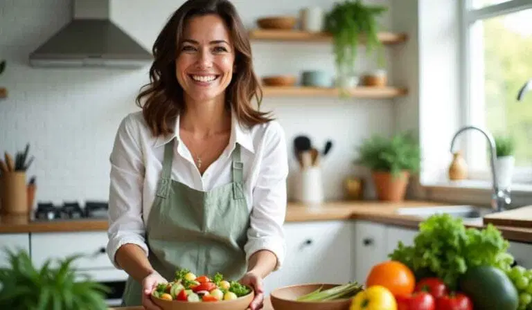 Woman in an apron stands in a bright kitchen, smiling and holding a bowl of fresh salad; various vegetables are visible on the counter around her.