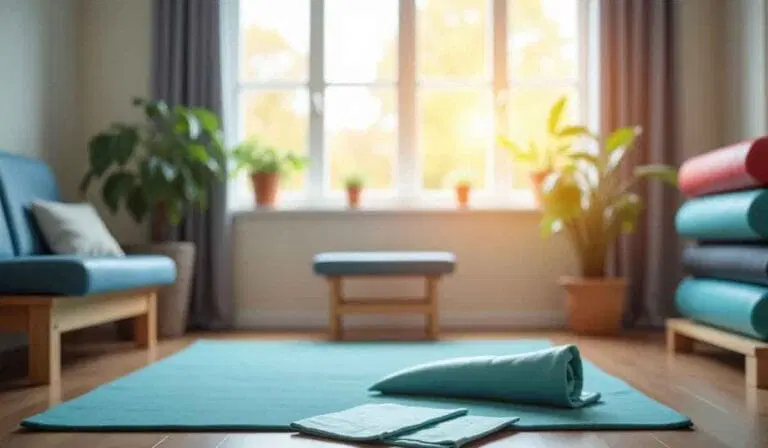 A bright room with a large window, a blue yoga mat on the floor, towels, potted plants, and a bench, suggesting a space for exercise or relaxation.