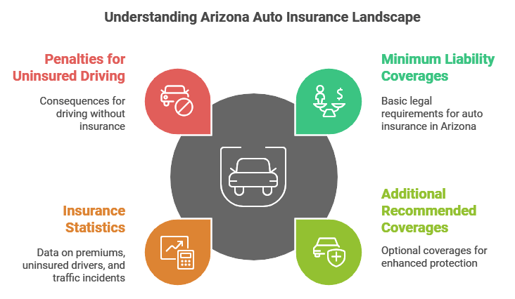 Infographic explaining Arizona auto insurance: penalties for uninsured driving, minimum liability coverage, additional coverages, and insurance statistics.