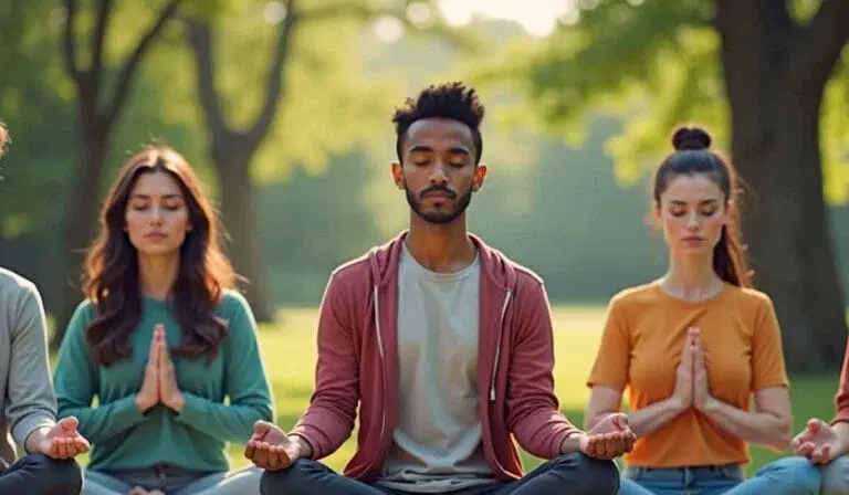 A group of people sits cross-legged on grass in a park, eyes closed, meditating with hands in various poses; trees and sunlight are visible in the background.