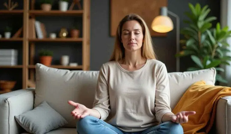 A woman sits cross-legged on a sofa with her eyes closed and hands resting on her knees, appearing to meditate in a living room setting.