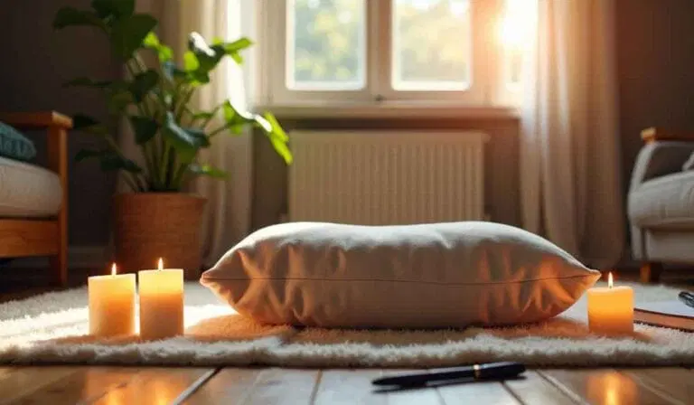 A cushion on a rug is surrounded by three lit candles in a sunlit room with a houseplant and two chairs by a window.