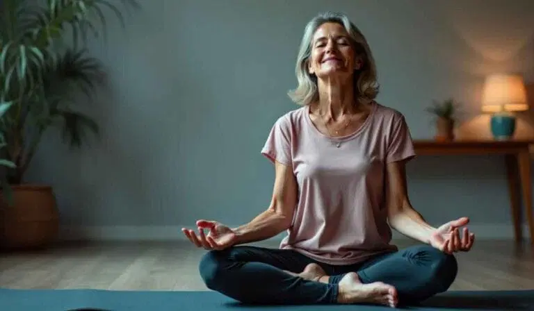 A woman sits cross-legged on a yoga mat indoors, eyes closed and smiling, with her hands resting on her knees in a meditation pose.