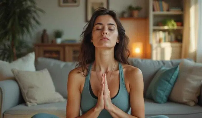 Woman sitting cross-legged indoors with eyes closed, hands in prayer position, appearing to meditate in a living room with a sofa and shelves in the background.