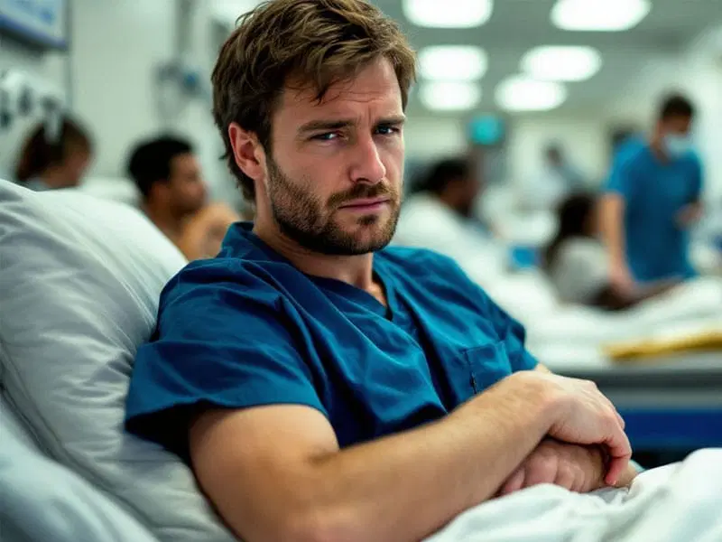 A man in blue scrubs sits on a hospital bed with his arms crossed, looking directly at the camera in a busy medical ward.