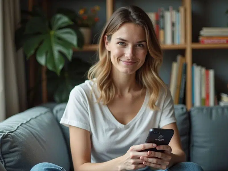 Woman sitting on a couch, holding a smartphone and smiling, with a bookshelf and a plant in the background.