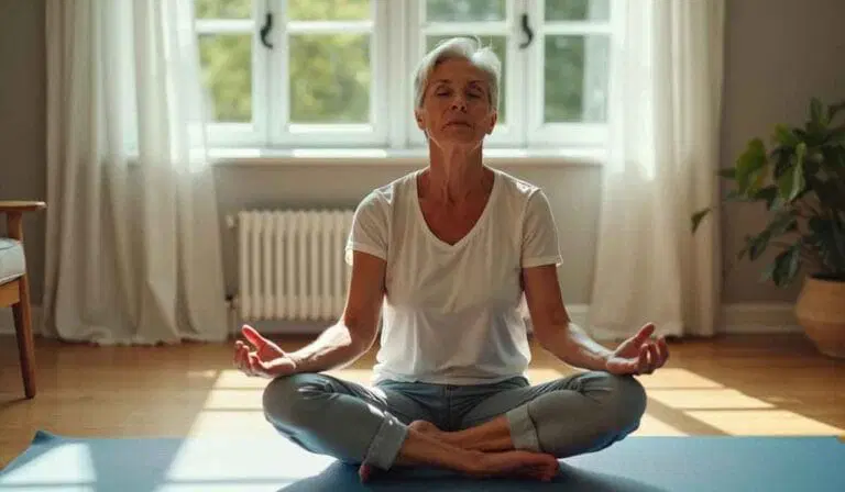 Older woman sitting cross-legged on a yoga mat indoors, eyes closed, hands resting on knees, practicing meditation in a sunlit room.