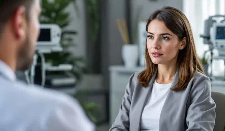 A woman in a blazer sits across from a person in a medical office, listening attentively during a conversation. Medical equipment is visible in the background.