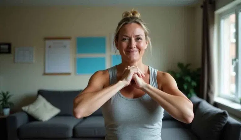 A woman in workout clothes stands indoors, smiling and clasping her hands together in front of her chest. A couch and framed wall art are visible in the background.