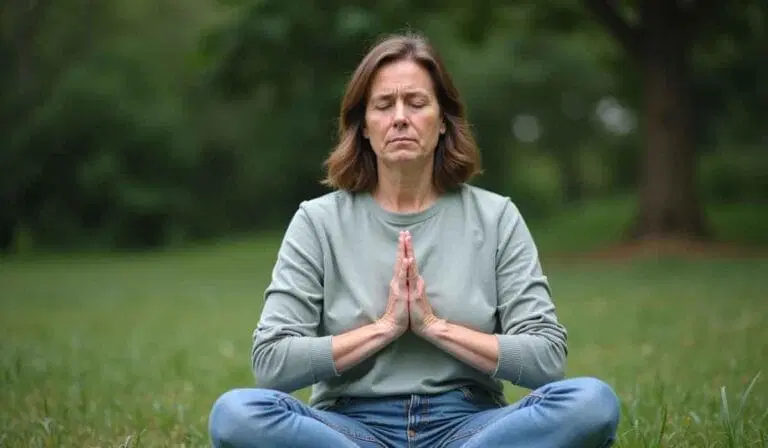A woman sits cross-legged on grass with eyes closed and hands in prayer position, meditating outdoors in a park.