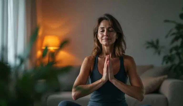 Woman sitting cross-legged indoors with eyes closed, hands pressed together in a prayer gesture, with a lamp and plants in the background.