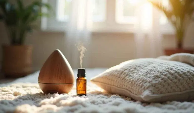 A wooden essential oil diffuser and a small amber glass bottle are placed on a knitted blanket next to a pillow, with sunlight coming through a window in the background.