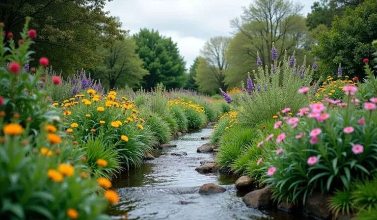A shallow stream flows through a garden bordered by colorful wildflowers and greenery, with trees in the background under a cloudy sky.