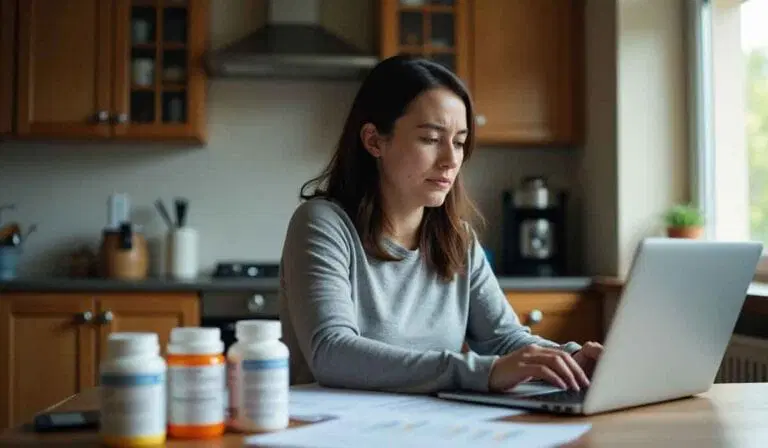A person sits at a kitchen table using a laptop, with several pill bottles and papers nearby.