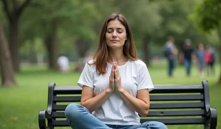 A woman sits cross-legged on a park bench with eyes closed and hands together in a prayer position, meditating. Trees and people walking in the background.