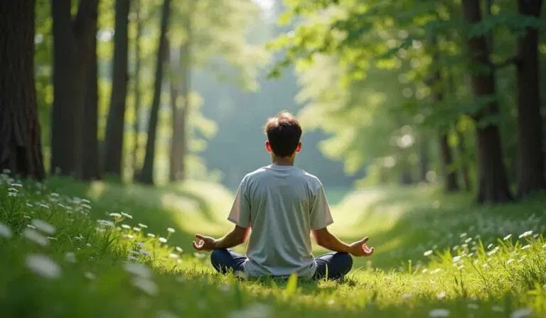 A person sits cross-legged on grass in a forest, meditating with their back to the camera, surrounded by tall trees and greenery.