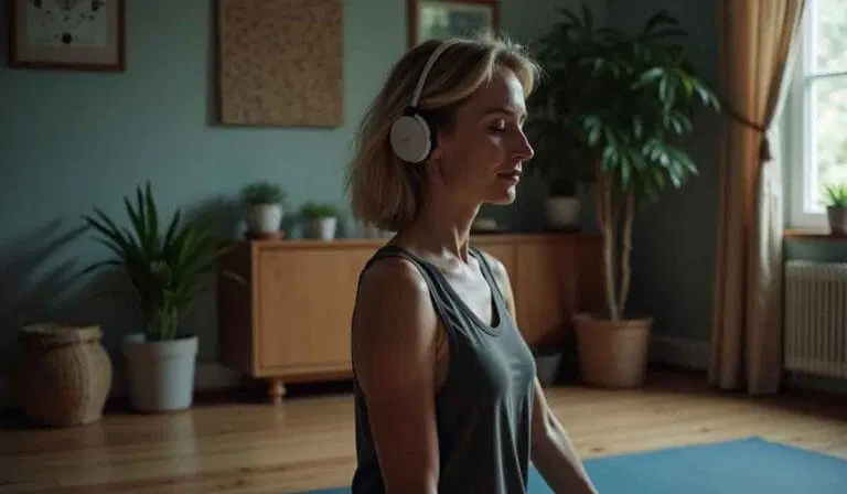 A woman wearing headphones sits cross-legged on a yoga mat indoors, eyes closed, with plants and natural light in the background.