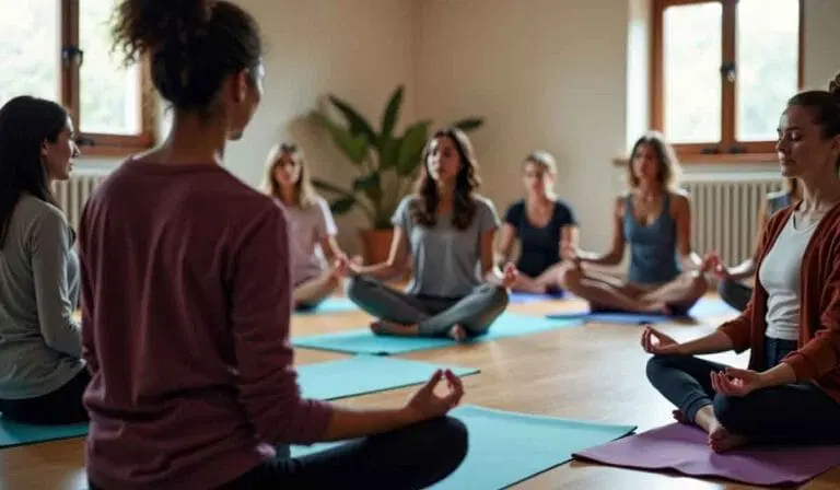 A group of women sit cross-legged on yoga mats in a well-lit room, meditating together in a circle.