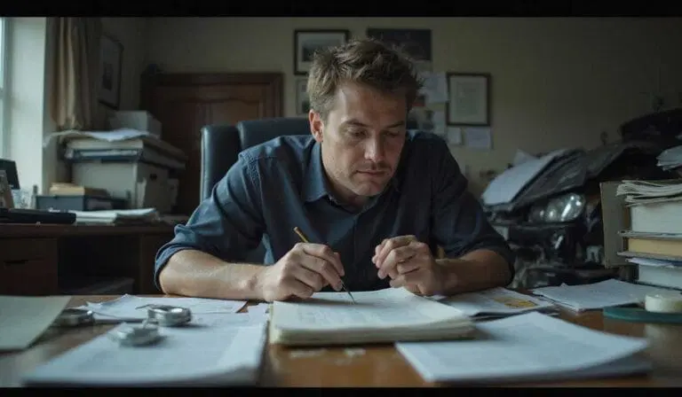 A man sits at a cluttered desk, writing on papers with a pen, surrounded by documents, books, and office supplies in a dimly lit room.