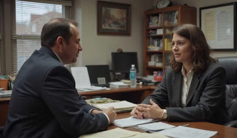 Two people in business attire sit across from each other at a desk in an office, engaged in a conversation with documents and folders in front of them.