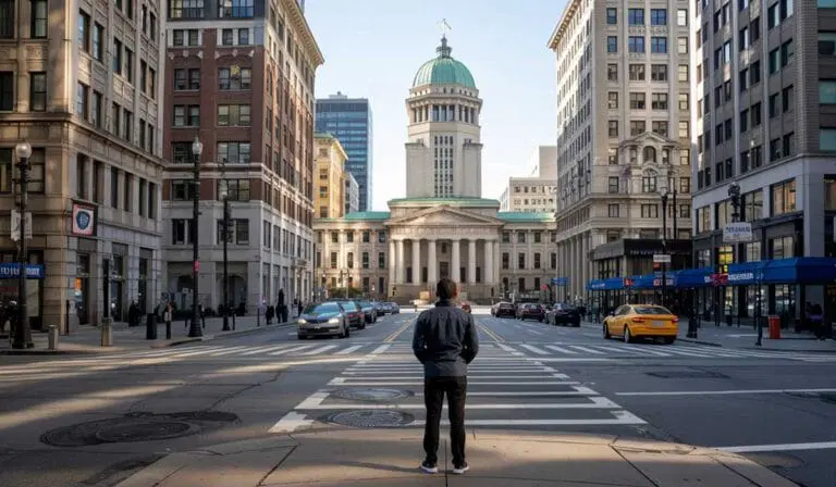 A person stands at a crosswalk in a city street lined with tall buildings, facing a domed courthouse at the end of the road.