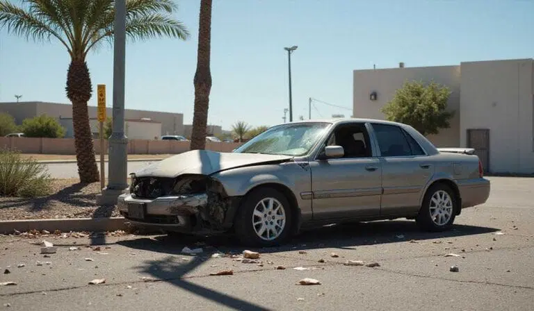 A silver sedan with significant front-end damage is parked on the side of a street next to a palm tree and a light pole, with debris scattered around the car.