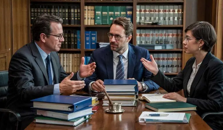 Three people in business attire sit at a table with stacks of books and documents, engaged in a discussion in an office lined with bookshelves.