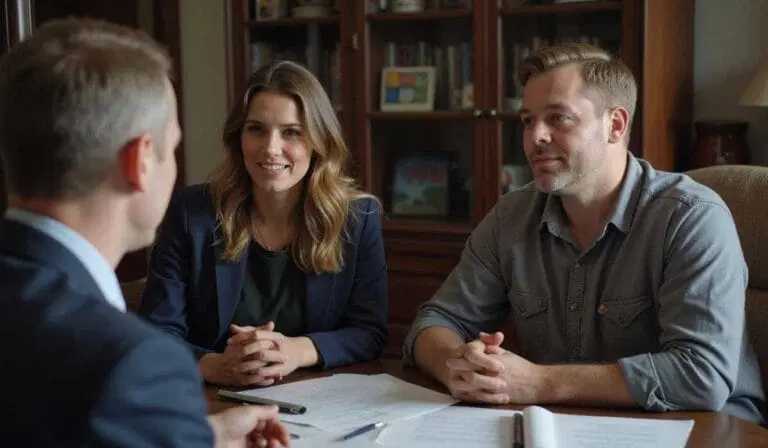 A man and a woman sit together at a table, attentively listening to another man in a suit; documents and a pen are on the table.