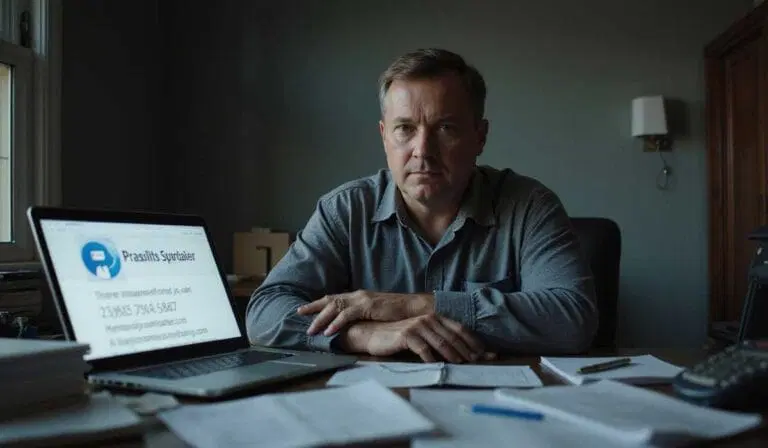 A man sits at a desk with papers and a laptop displaying contact information for a specialist; the room is dimly lit with a window on the left.