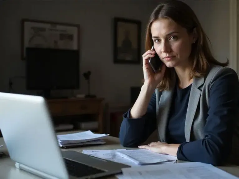 Woman in business attire sits at a desk with a laptop and papers, talking on a phone, and looking toward the camera in a home office setting.